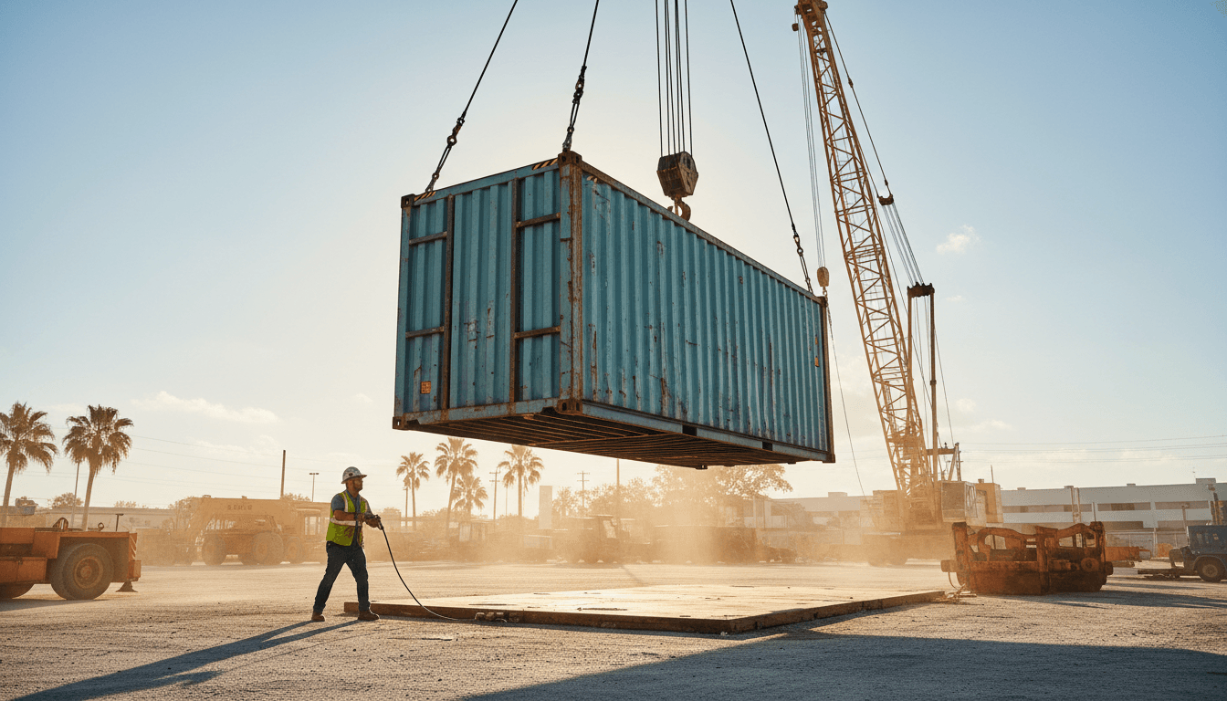Wide shot of a repurposed container being delivered by crane at a Miami yard in golden afternoon light