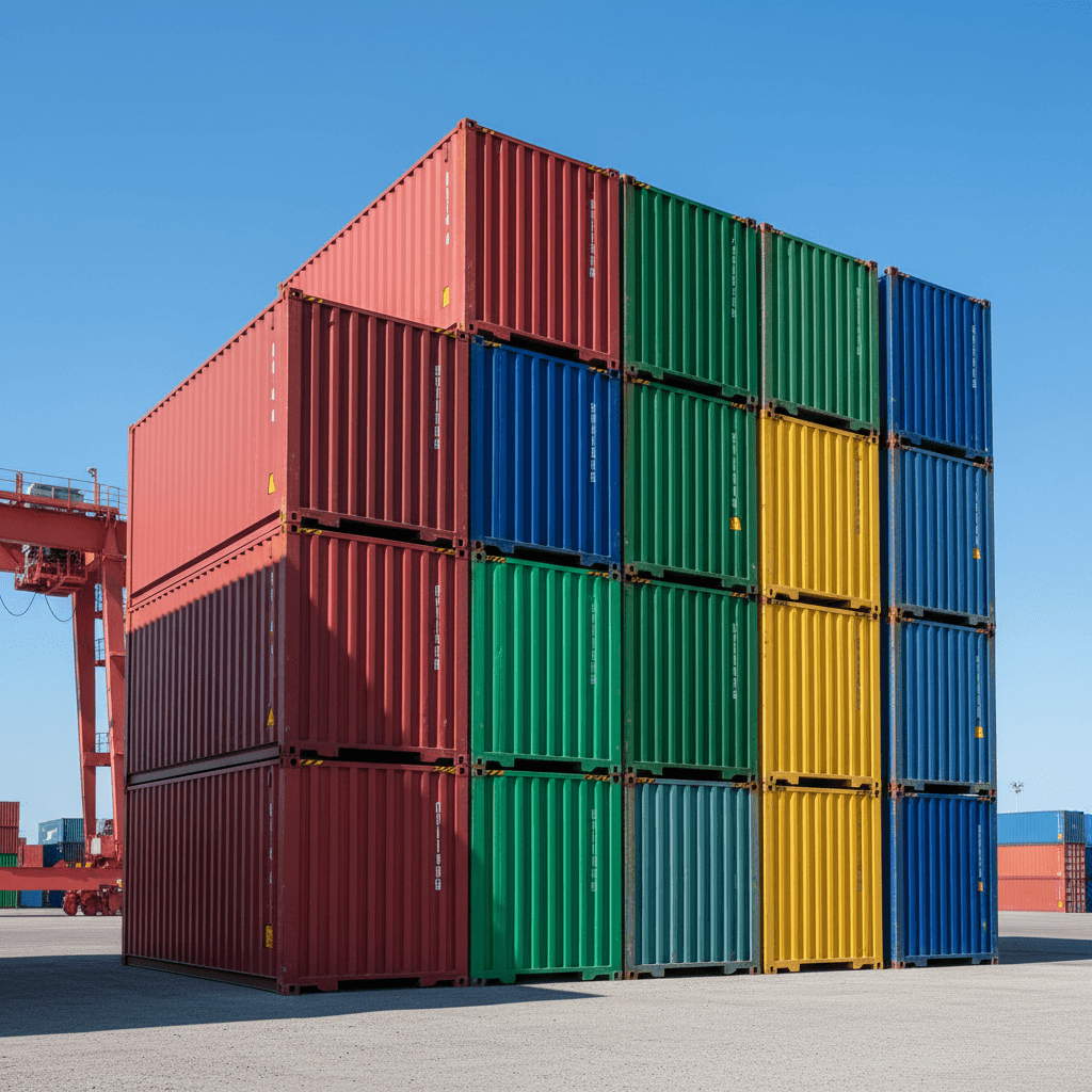 New shipping containers stacked in a depot yard