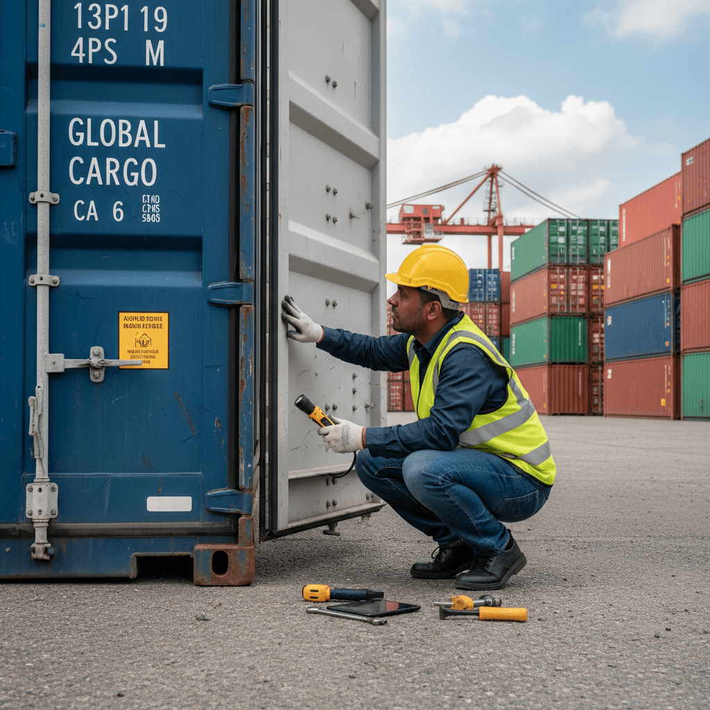 Worker inspecting container door seals