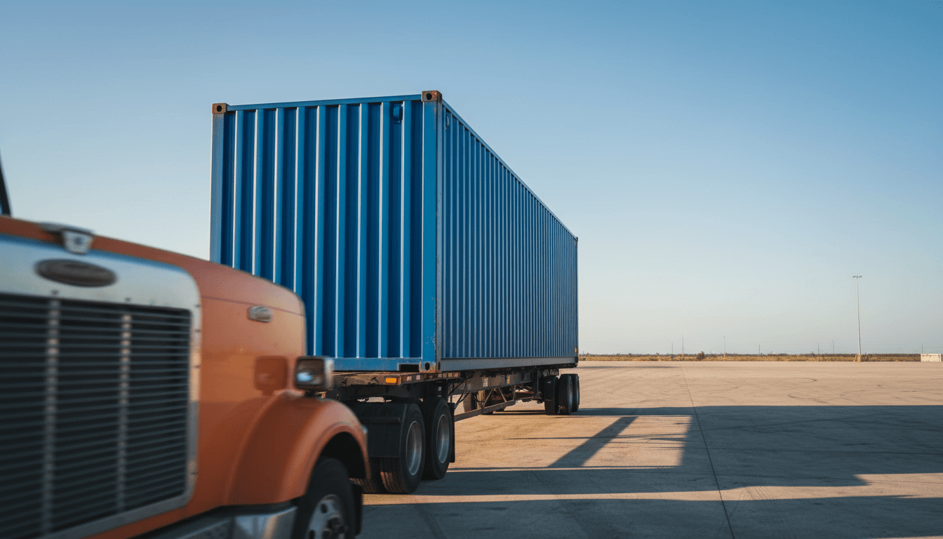 New shipping container on a flatbed truck ready for delivery in Miami yard