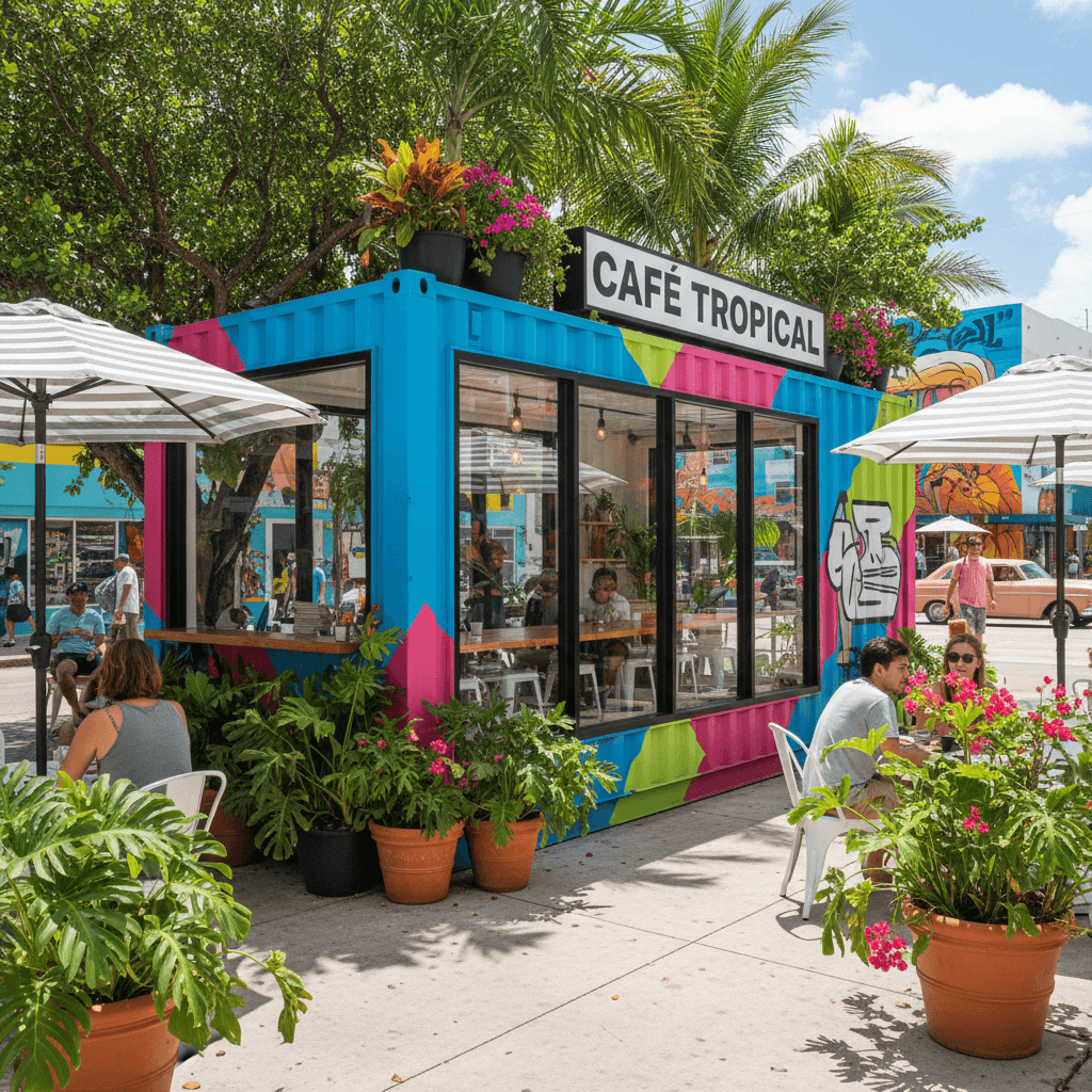 Repurposed container coffee shop in Miami with vibrant colors and tropical plants