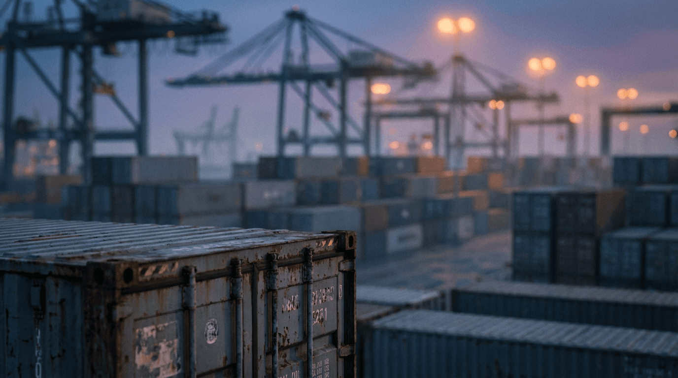 Open shipping container in Miami industrial lot at sunrise