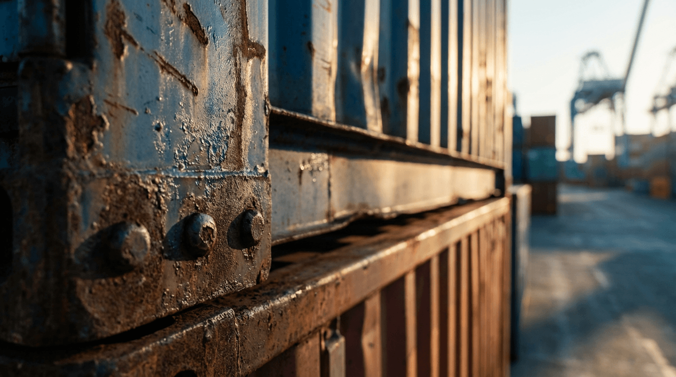 Shipping container door latch and corner casting in Miami sunlight
