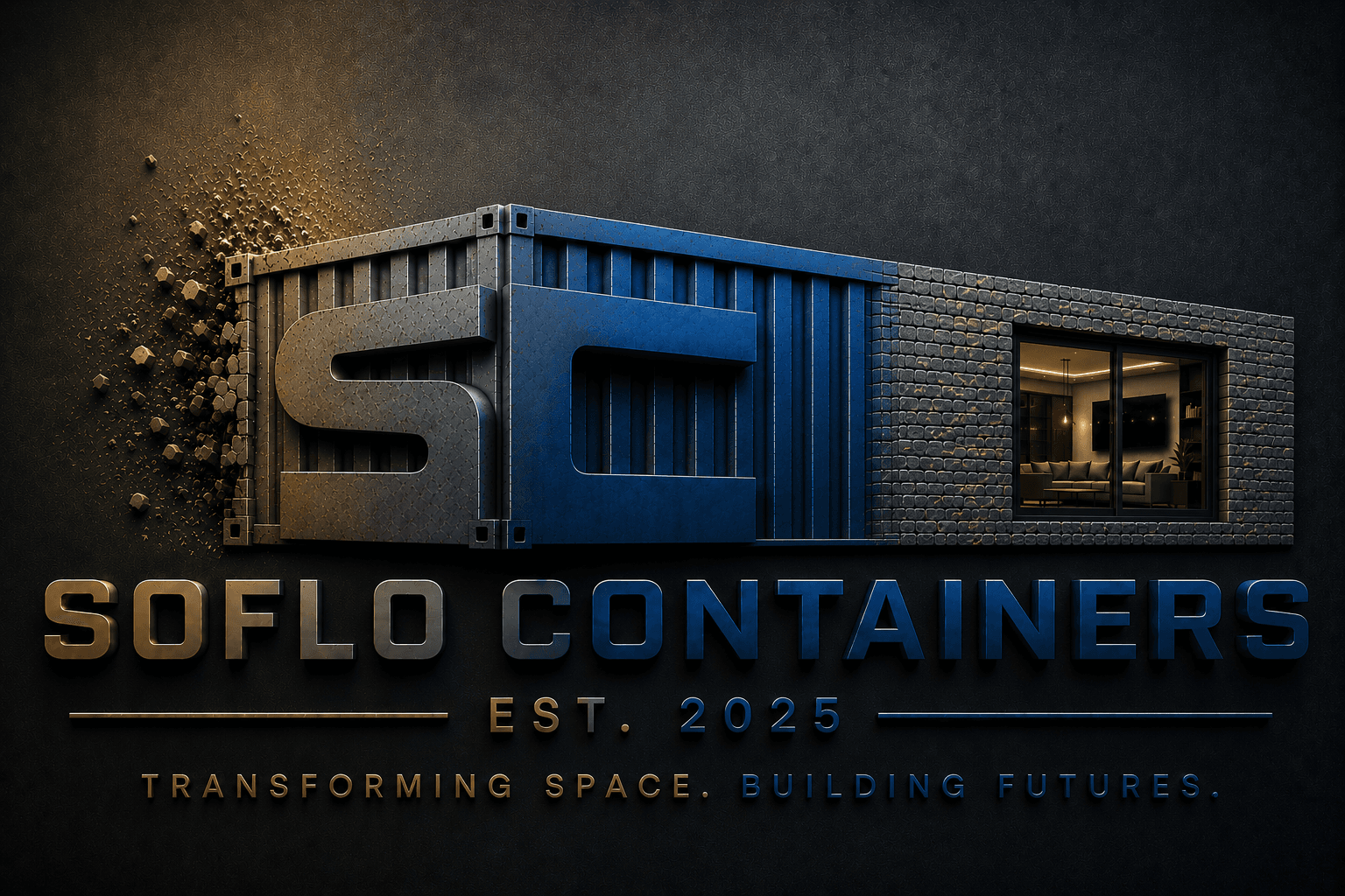 SOFLO CONTAINERS 3D logo featuring a shipping container home with a modern interior view.